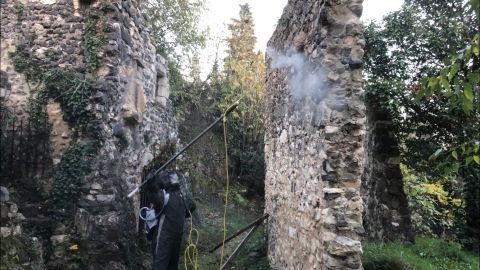 Pulvérisation d'un nid de frelon sur mur en pierre - entreprise destruction de nids de frelons ardeche